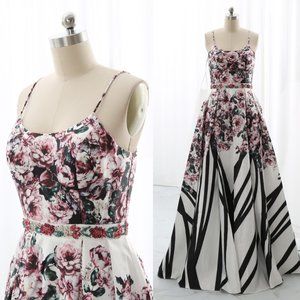 Spaghetti Straps Scoop Neck Floral Satin Prom Dress Formal Evening Gown